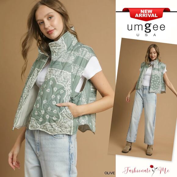 Umgee Bandana Print Side Pockets Snap Button Quilted Puffer Vest Jacket | Olive - Picture 1 of 6